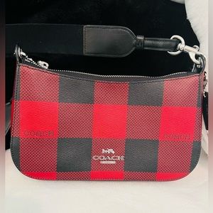 Coach Jes Baguette Crossbody With Red Black Buffalo Plaid Print Handbag